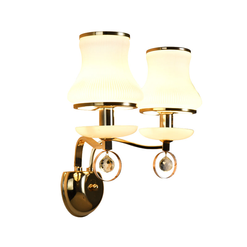 White Glass Flared Sconce Light Modernist 2 Bulbs Wall Mounted Lighting in Gold with Metal Arm
