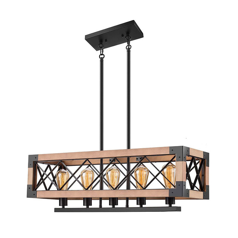 Iron Frame Black Island Light in Industrial Retro Style Wooden 5-Light Pendant Light for Dining Room