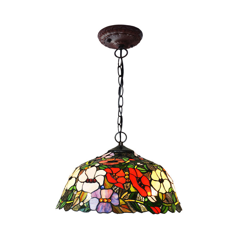 Red/Blue Cut Glass Petal Chandelier Lamp Mediterranean 2 Lights Bronze Pendant Light Fixture for Kitchen