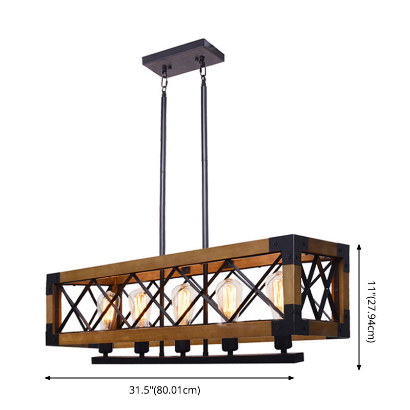 Marco de hierro luz de la isla negra en la luz colgante de madera de madera de estilo retro industrial para el comedor
