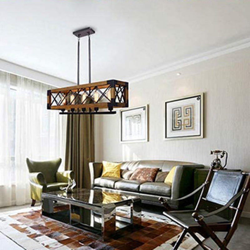 Marco de hierro luz de la isla negra en la luz colgante de madera de madera de estilo retro industrial para el comedor