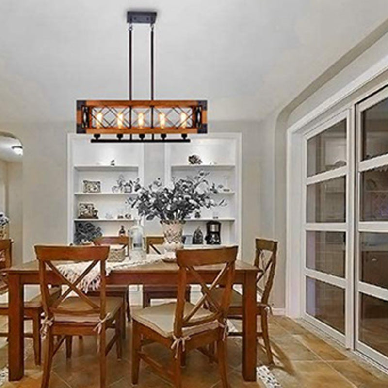 Marco de hierro luz de la isla negra en la luz colgante de madera de madera de estilo retro industrial para el comedor