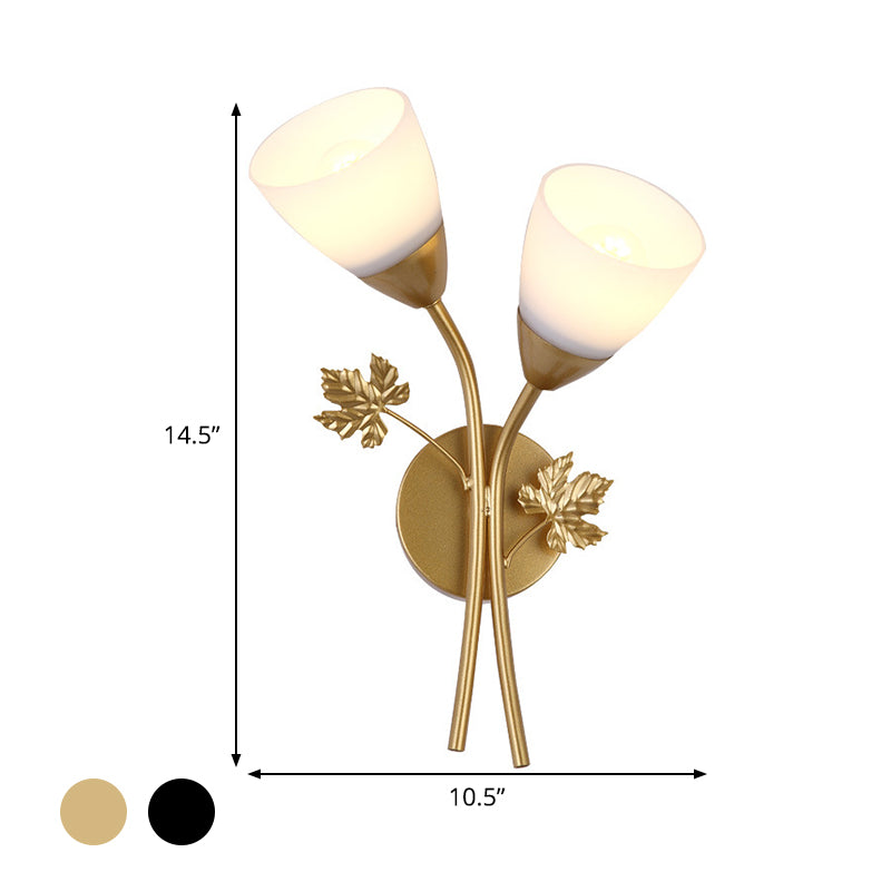 Floral Wall Lamp Modernist Milk Glass 2 Bulbs Black/Gold Sconce Light Fixture with Metal Leaf