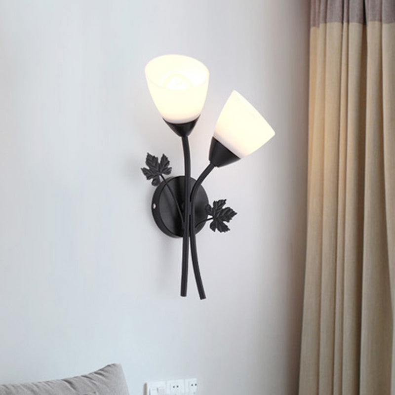 Floral Wall Lamp Modernist Milk Glass 2 Bulbs Black/Gold Sconce Light Fixture with Metal Leaf