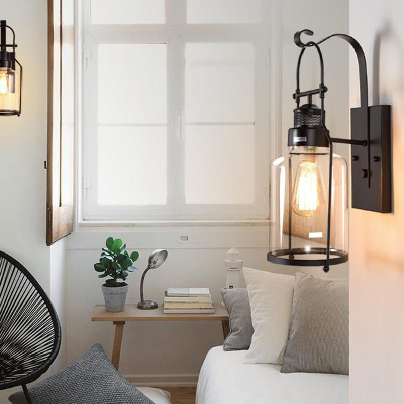 Industrial Vintage Single Wall Light Wrought Iron Indoor Wall Lamp with Clear Glass Shade