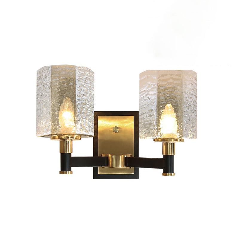 Black and Gold Wall Lamp in Modern Luxury Style Iron Inverted Wall Light with Ripple Glass Shade