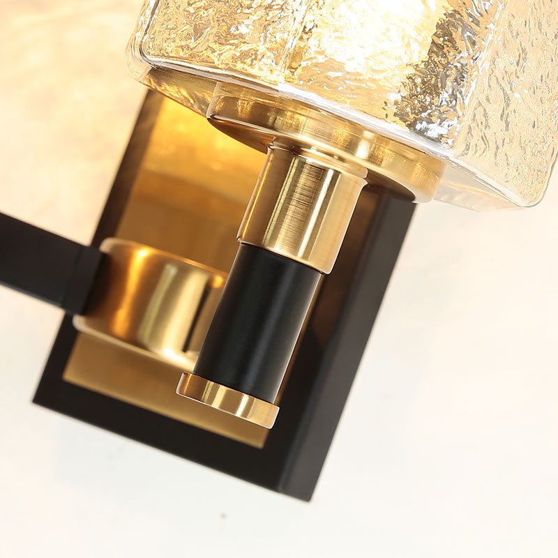 Black and Gold Wall Lamp in Modern Luxury Style Iron Inverted Wall Light with Ripple Glass Shade
