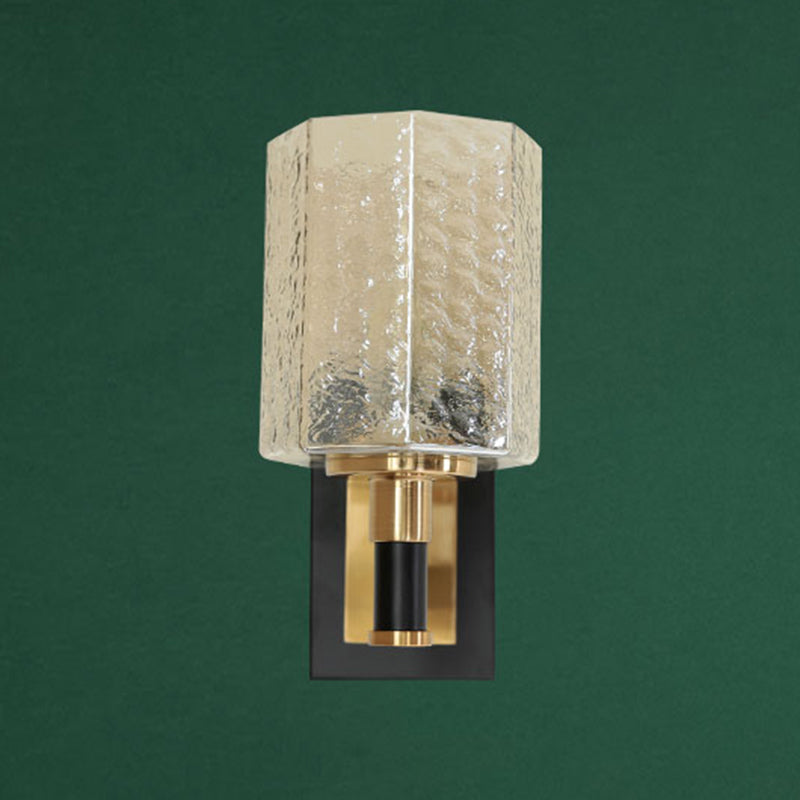 Black and Gold Wall Lamp in Modern Luxury Style Iron Inverted Wall Light with Ripple Glass Shade