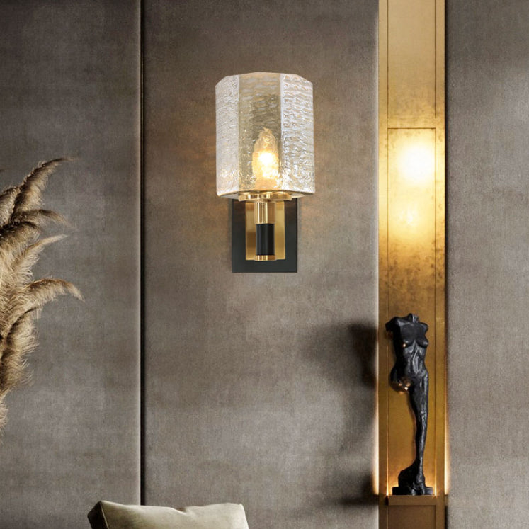 Black and Gold Wall Lamp in Modern Luxury Style Iron Inverted Wall Light with Ripple Glass Shade