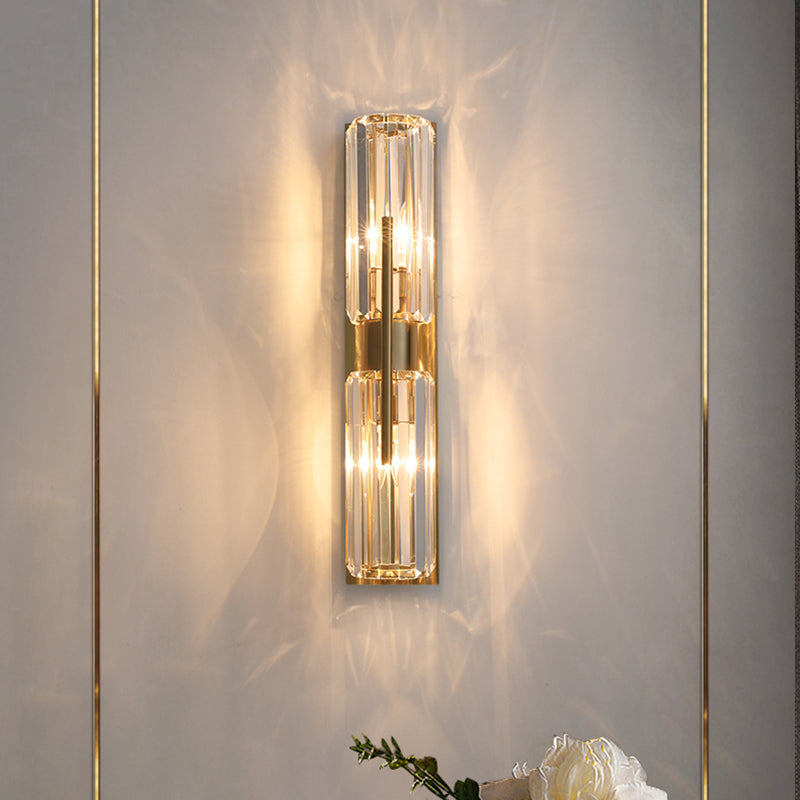 Gold 2-Lights Wall Sconce Modern Style K9 Crystal Cylindrical Wall Mounted Light