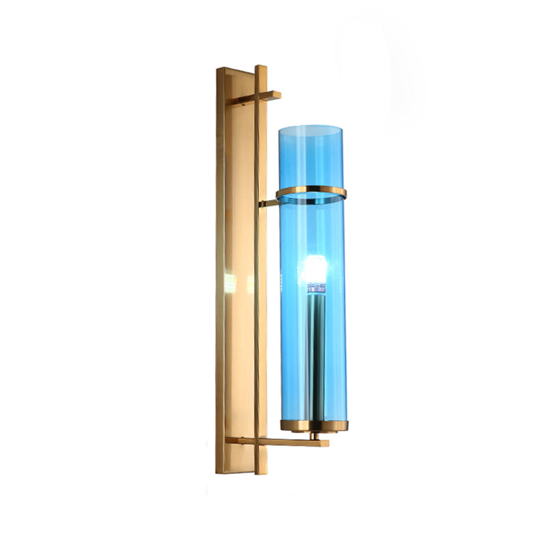Cylinder Living Room Sconce Blue Glass 1 Head Modernism Wall Mount Light Fixture