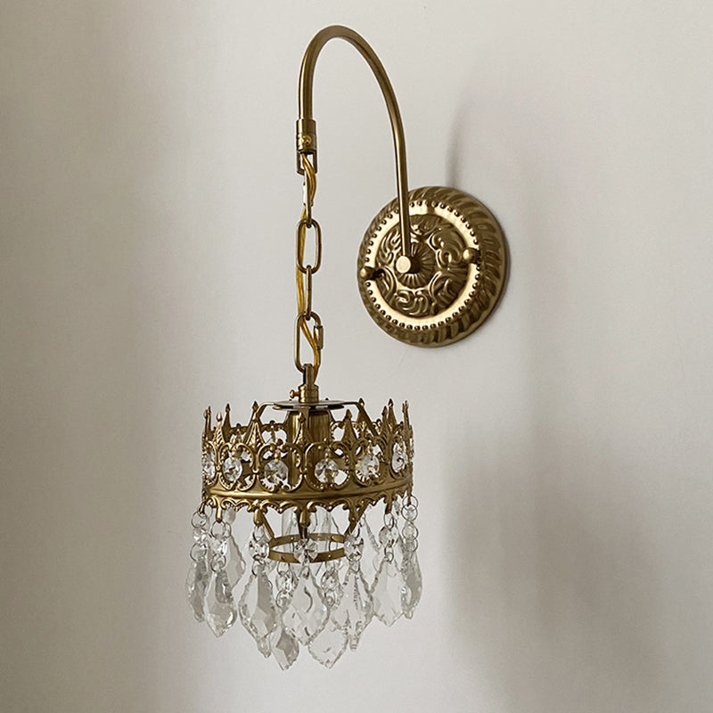 1-Light Wall Mounted Lighting Modern Style Curved Arm Crystal Sconce Light Fixture in Brass