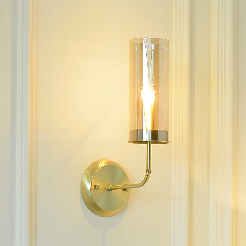 Metal Curvy Arm Wall Lamp Simple 1 Head Brass Sconce Light Fixture with Clear Glass Shade