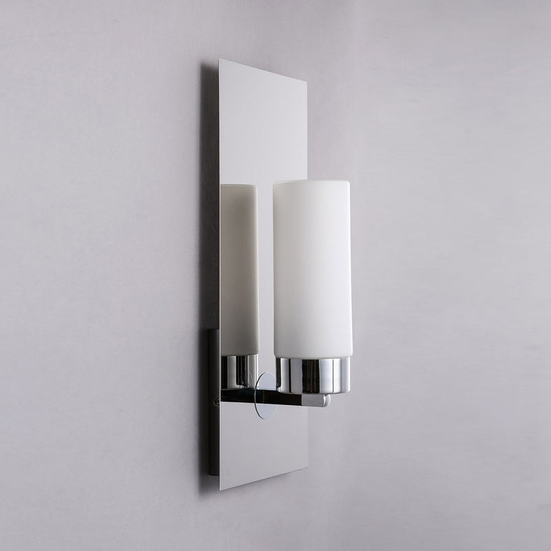 Opal Glass Tube Wall Lighting Modern 1 Head Chrome Sconce Light Fixture with Rectangle Metal Backplate