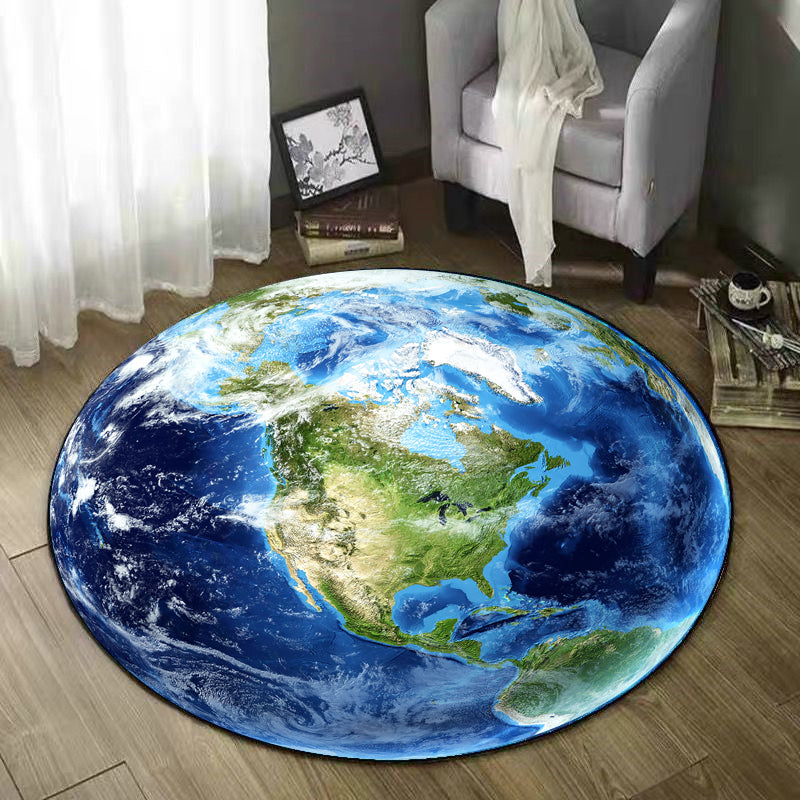 Round Blue Tone Earth Print Rug Polyester Carpet Creative Stain Resistant Indoor Rug for Living Room