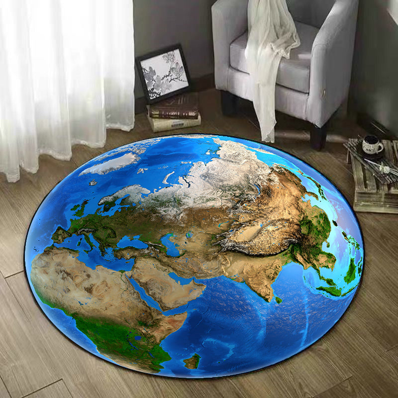 Round Blue Tone Earth Print Rug Polyester Carpet Creative Stain Resistant Indoor Rug for Living Room