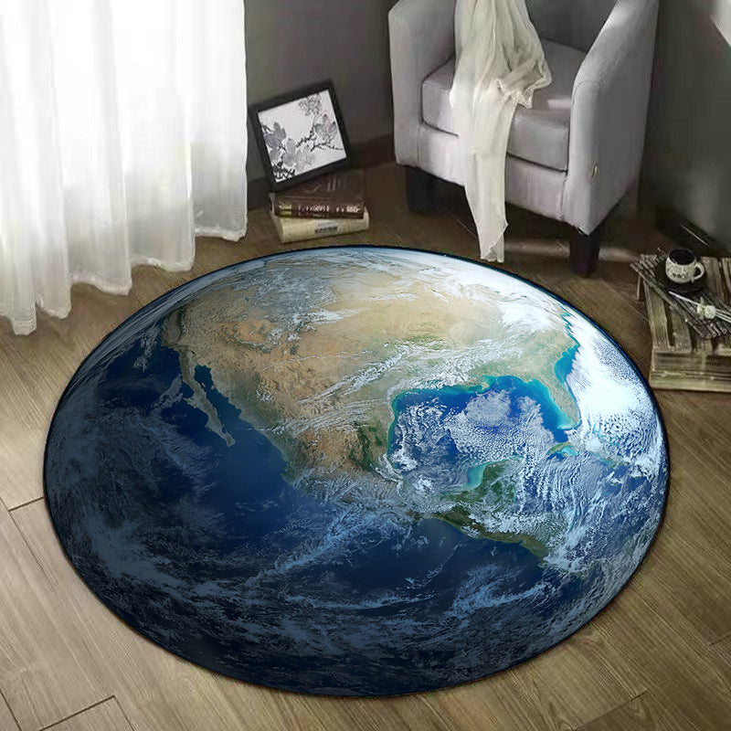 Round Blue Tone Earth Print Rug Polyester Carpet Creative Stain Resistant Indoor Rug for Living Room
