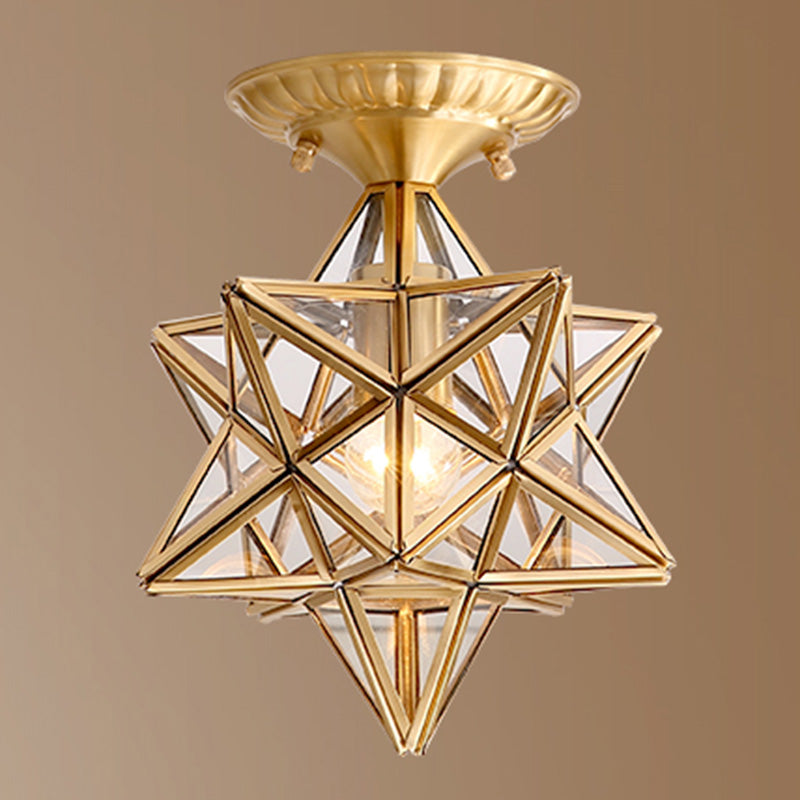 Ceiling Mounted Fixture Classic Style Shaded Glass Close to Ceiling Lighting Fixture in Brass