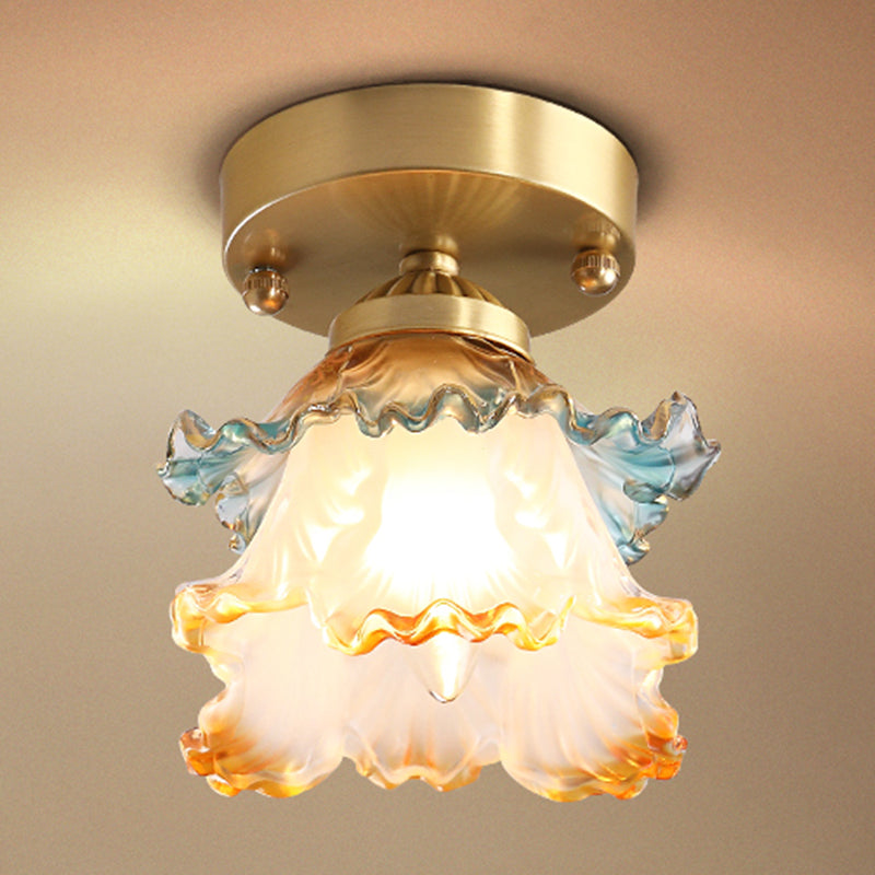 Ceiling Mounted Fixture Classic Style Shaded Glass Close to Ceiling Lighting Fixture in Brass