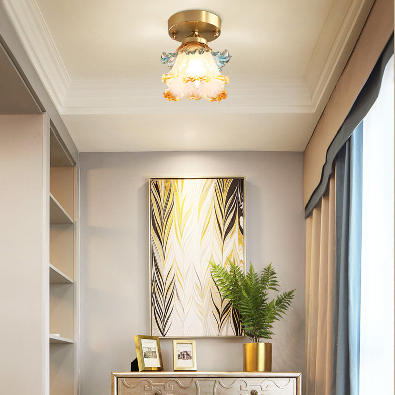 Ceiling Mounted Fixture Classic Style Shaded Glass Close to Ceiling Lighting Fixture in Brass