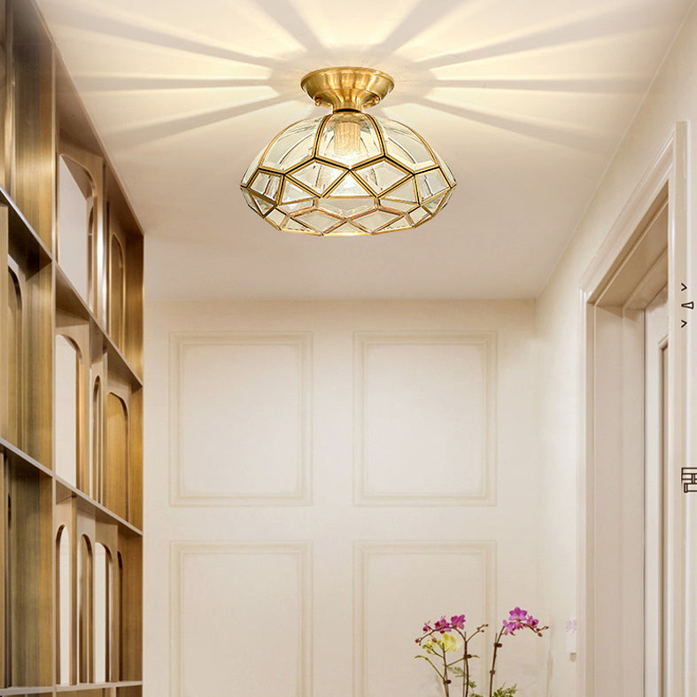 Ceiling Mounted Fixture Classic Style Shaded Glass Close to Ceiling Lighting Fixture in Brass