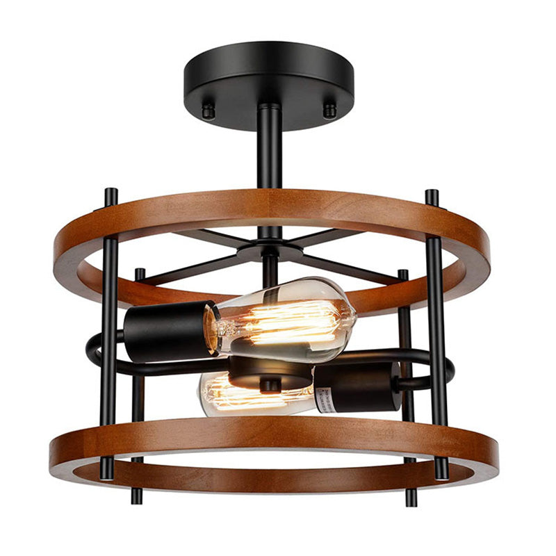 Solid Wood Industrial Style Ceiling Light Retro 2-Lights Cylindrical Cage Flush Mount Lamp