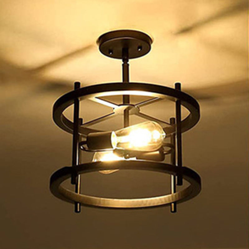 Solid Wood Industrial Style Ceiling Light Retro 2-Lights Cylindrical Cage Flush Mount Lamp