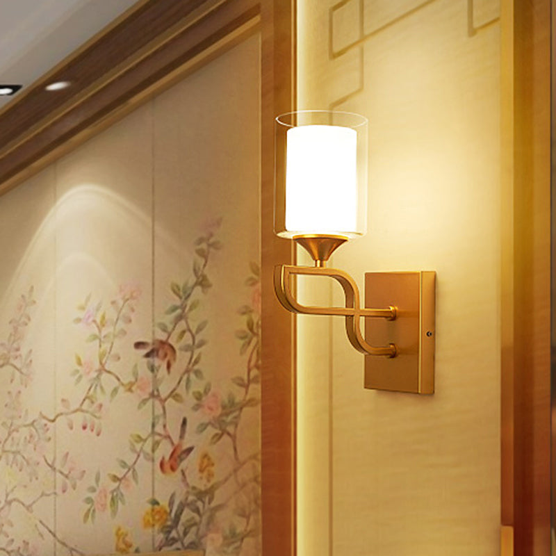 Armed Sconce Light Contemporary Metal 1 Bulb Gold Wall Lighting Fixture with Opal Glass Shade