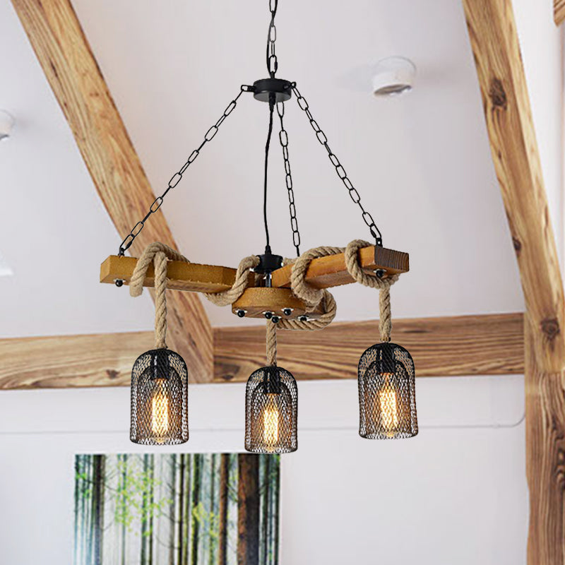 Wire Mesh Restaurant Ceiling Fixture Wood and Rope 3/6 Lights Lodge Stylish Pendant Lighting with Base in Brown