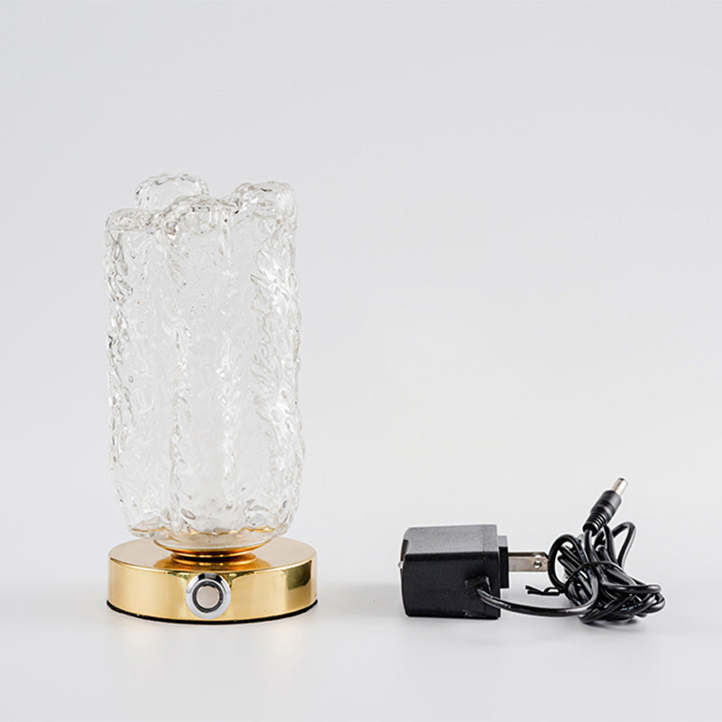 Clear Textured Glass Cylindrical Night Lamp Modern 1 Head Gold Table Light