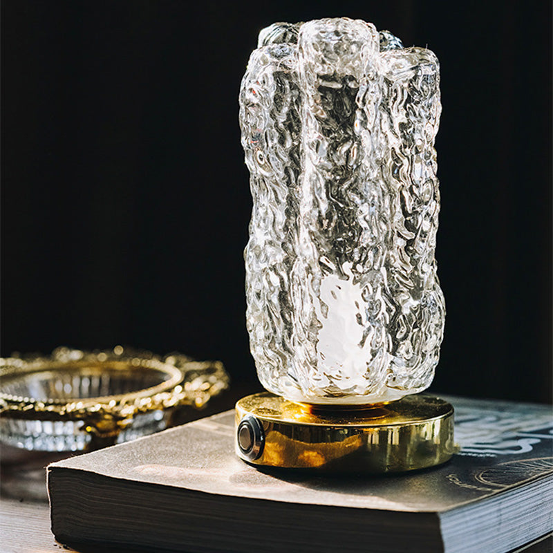 Clear Textured Glass Cylindrical Night Lamp Modern 1 Head Gold Table Light