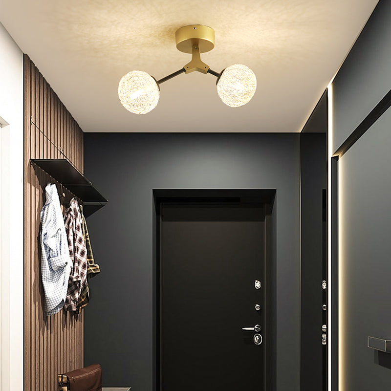 Luminaire semi-encastré à boule tissé à la main, plafonnier moderne à 1 tête, finition dorée