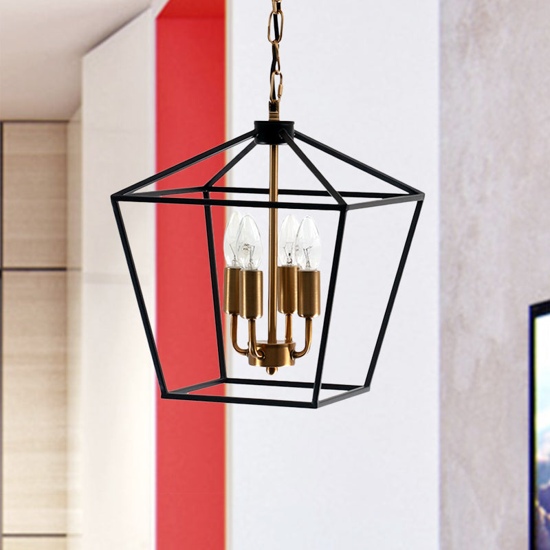 4-Light Indoor Hanging Chandelier Lamp Industrial Style Black Pendant Light with Wire Cage Metal Shade