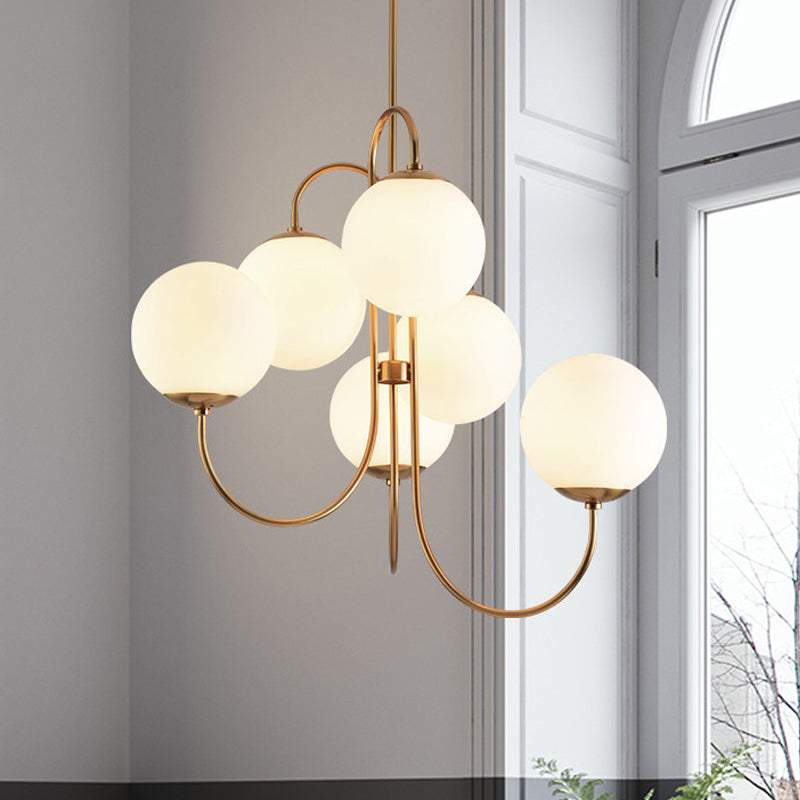 6 Heads Living Room Chandelier Lighting Contemporary Gold Finish Hanging Pendant Lamp with Sphere Frosted Glass Shade
