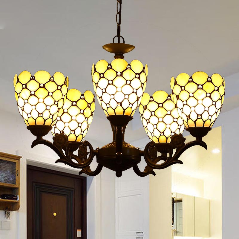 Tiffany bijou du lustre de lustre 5 lumières lampe de suspension en verre beige en noir