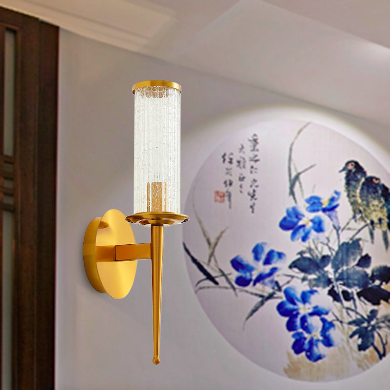 Crackle Glass Gold Wall Lighting Cylinder 1/2 Heads Vintage Wall Light Fixture with Metal Straight Arm