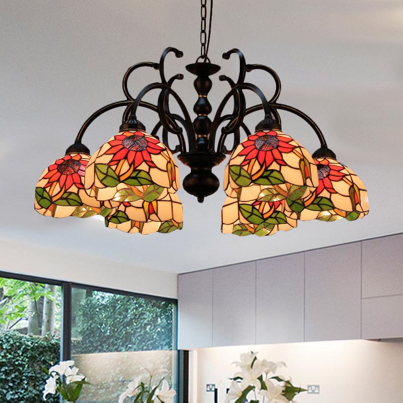 Coppa di vetro floreale a pendente a pendente vittoriano 6 teste Black Soffio Sospensione Lampada per soggiorno per soggiorno