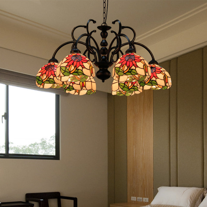 Coupure en verre floral pendentif léger victorien 6 têtes lampe suspendue au plafond noir pour salon