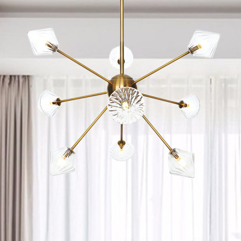 Clear/Amber Glass Diamond Hanging Chandelier Modernist 9 Bulbs LED Pendant Lamp in God with Sputnik Design