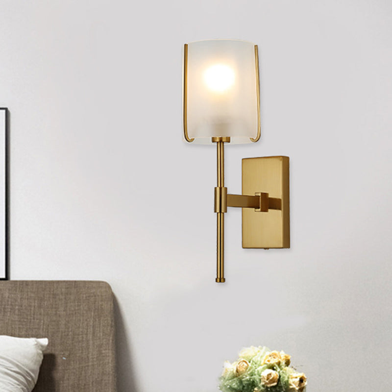1-Head Metal Wall Lighting Traditional Gold Straight Arm Bedroom LED Wall Mount Light with Frosted Glass Shade