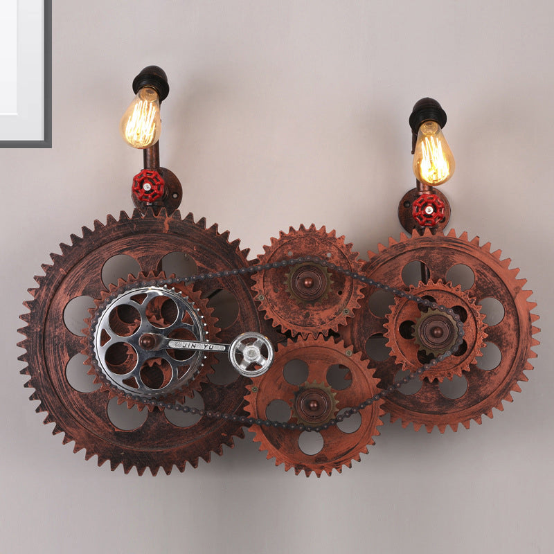Gear Design Corridor Wall Sconce Lamp Wrought Iron 2 Lights Industrial Wall Light with Bare Bulb in Weathered Copper