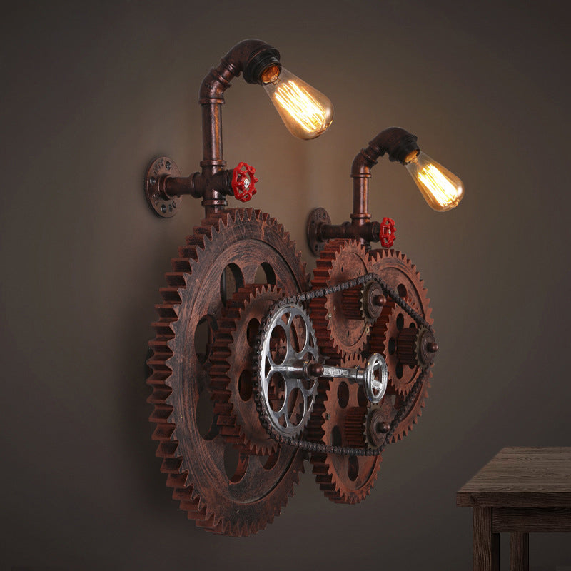 Gear Design Corridor Wall Sconce Lamp Wrought Iron 2 Lights Industrial Wall Light with Bare Bulb in Weathered Copper