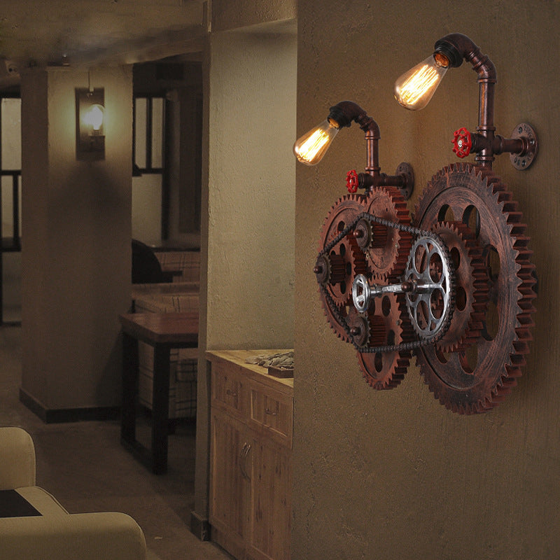 Gear Design Corridor Wall Sconce Lamp Wrought Iron 2 Lights Industrial Wall Light with Bare Bulb in Weathered Copper