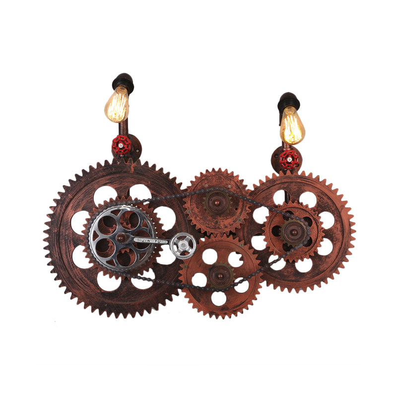 Gear Design Corridor Wall Sconce Lamp Wrought Iron 2 Lights Industrial Wall Light with Bare Bulb in Weathered Copper