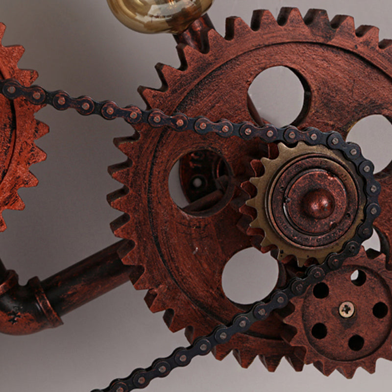 Gear Design Corridor Wall Sconce Lamp Wrought Iron 2 Lights Industrial Wall Light with Bare Bulb in Weathered Copper