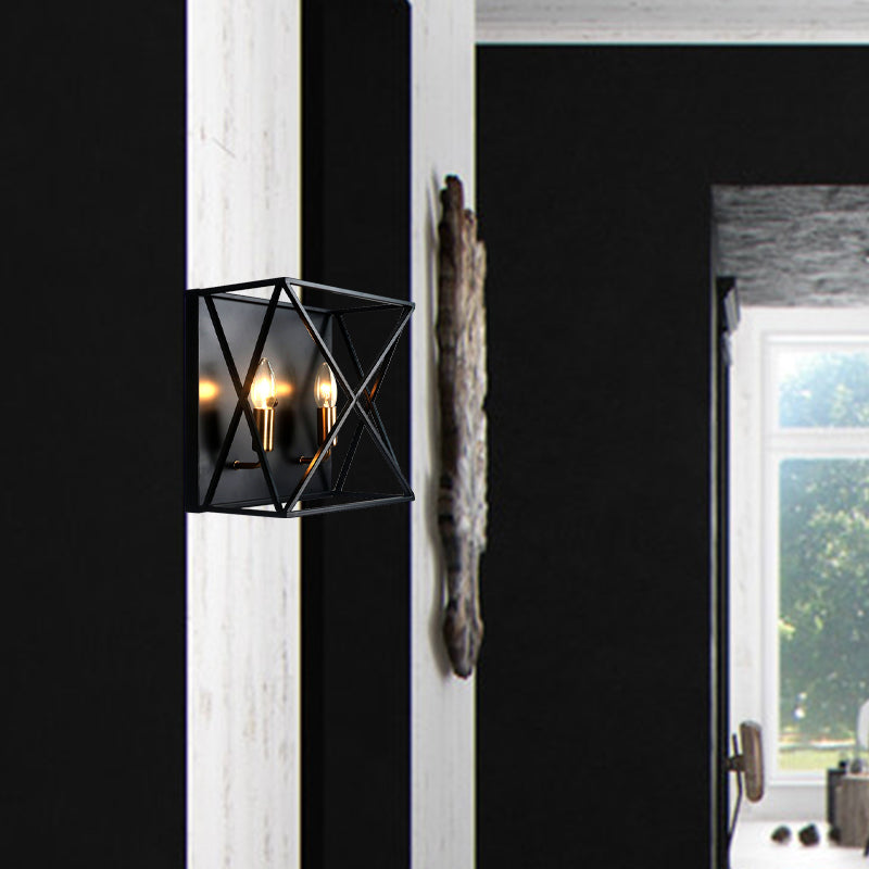 Squared Metal Sconce Light Fixture Farmhouse Style 2 Bulbs Black Finish Wall Lamp with Wire Frame