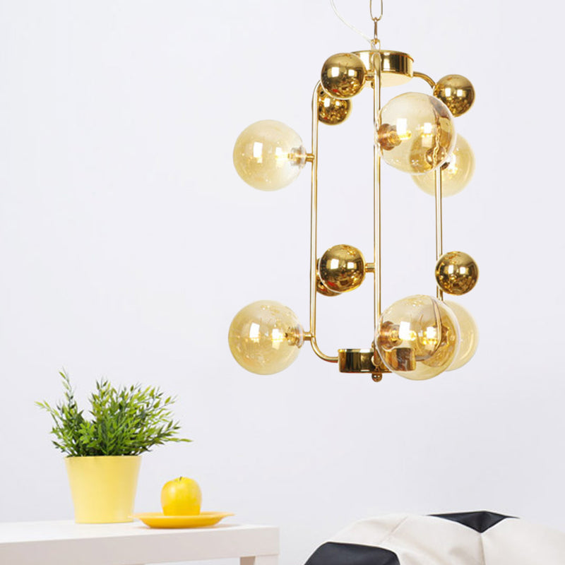 Global Living Room Hanging Lighting Amber/Smoke Gray Glass 10 Lights Contemporary LED Ceiling Chandelier