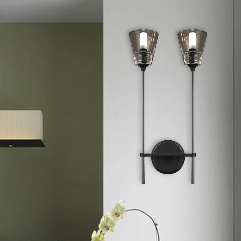 Conical Bathroom Wall Lamp Retro Clear Glass 1/2 Lights Black/Brass LED Wall Mount Lighting