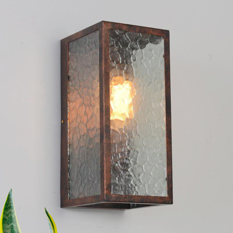 Rectangle Restaurant Sconce Lamp Clear Cracked Glass 1 Bulb Industrial Wall Lighting in Weathered Copper