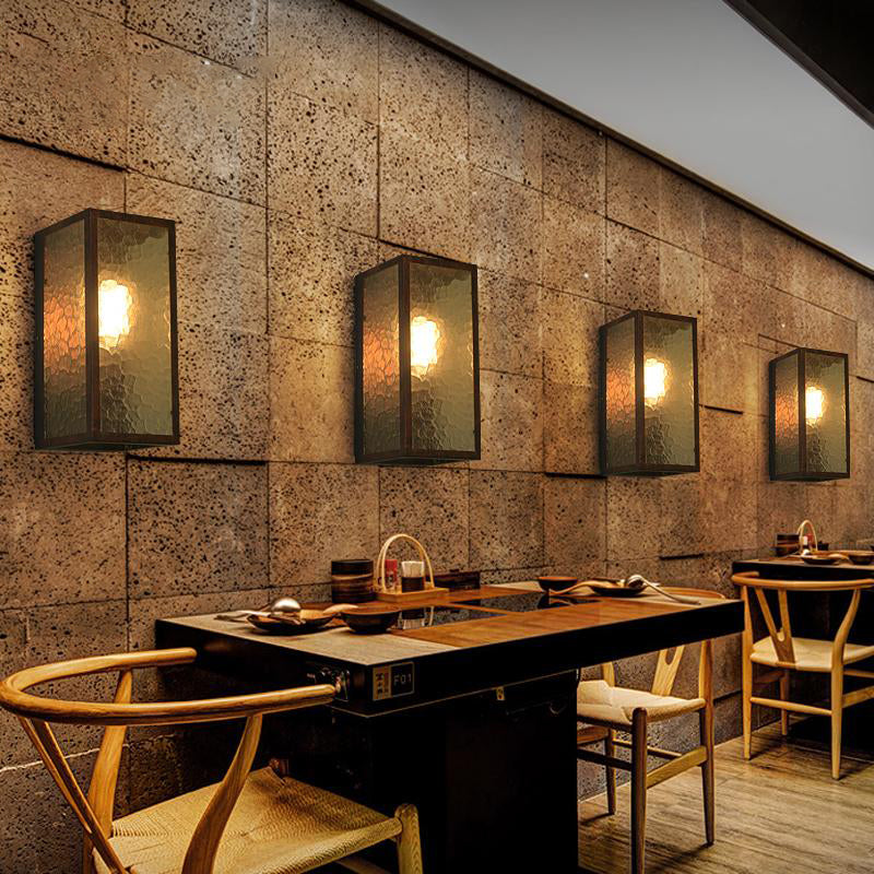 Rectangle Restaurant Sconce Lamp Clear Cracked Glass 1 Bulb Industrial Wall Lighting in Weathered Copper